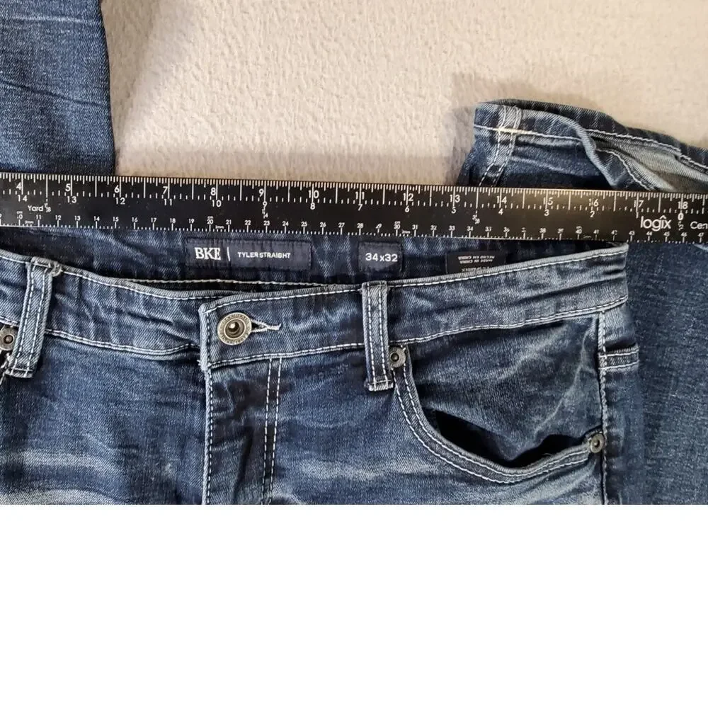 BKE Tyler Straight Jeans Mens 34x32 Dark Wash Distressed Buckle Denim Casual